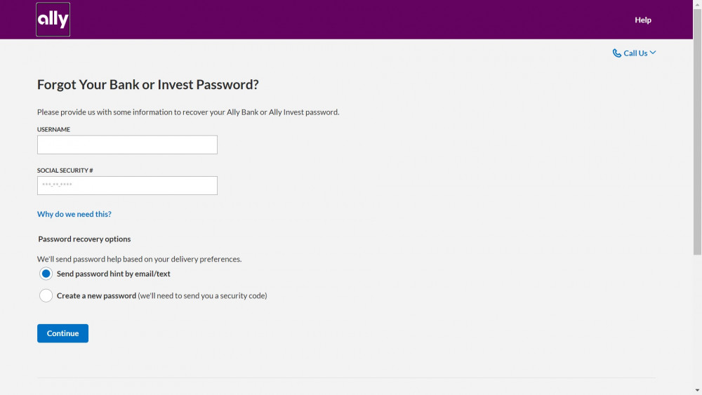 Forgot Ally Bank or Invest Password page
